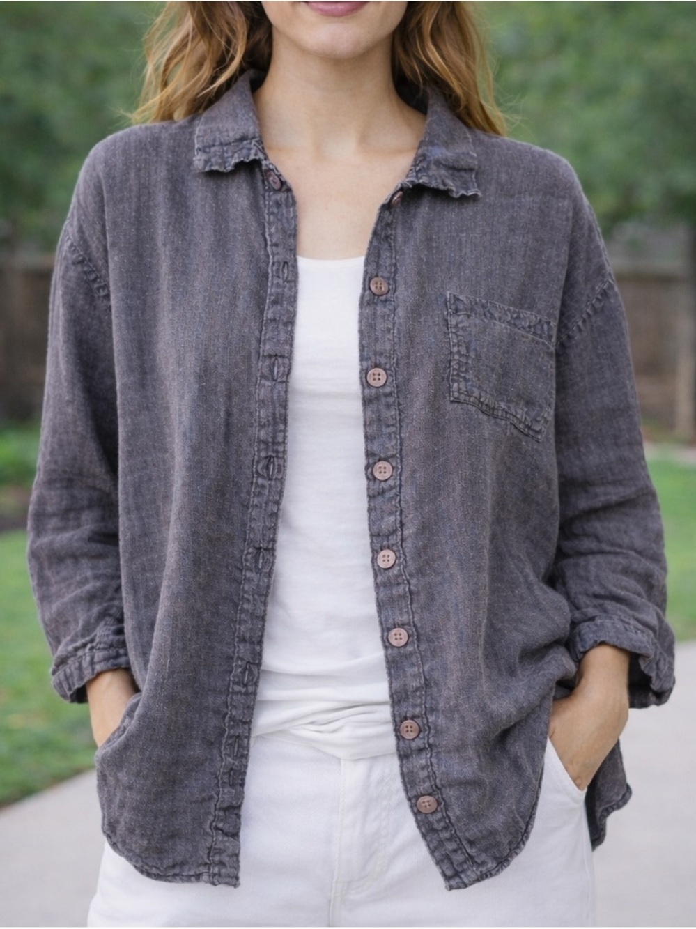 FLAX Jeanne Engelhart Gray Linen Button Front Shirt Small Oversized Top